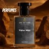 A perfume bottle of named valor mist placed while the background represents rocks and mountains giving an urban desert vibe.