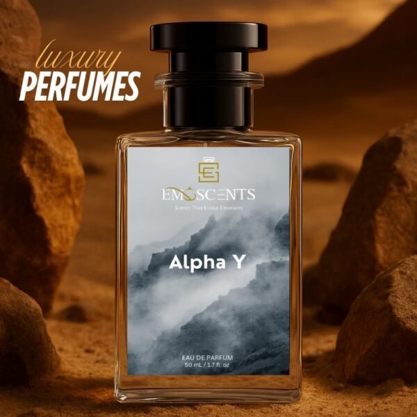 A perfume bottle of named Alpha y placed while the background represents rocks and mountains giving an urban desert vibe.