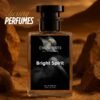 A perfume bottle of named bright spirit placed while the background represents rocks and mountains giving an urban desert vibe.