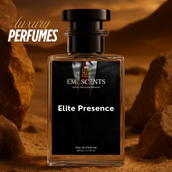 A perfume bottle of named elite presence placed while the background represents rocks and mountains giving an urban desert vibe.