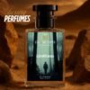 A perfume bottle of named limitless placed while the background represents rocks and mountains giving an urban desert vibe.