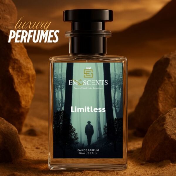 A perfume bottle of named limitless placed while the background represents rocks and mountains giving an urban desert vibe.