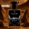 A perfume bottle of named luster ruh placed while the background represents rocks and mountains giving an urban desert vibe.