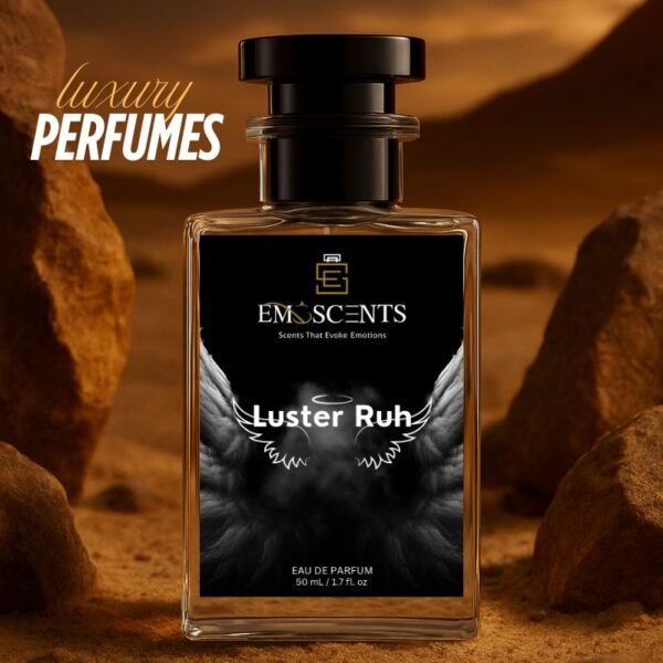 A perfume bottle of named luster ruh placed while the background represents rocks and mountains giving an urban desert vibe.