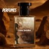 A perfume bottle of named luxe smoke placed while the background represents rocks and mountains giving an urban desert vibe.