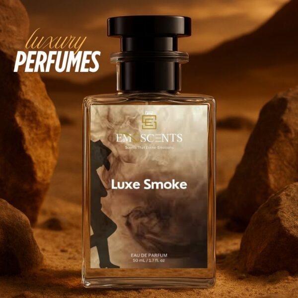 A perfume bottle of named luxe smoke placed while the background represents rocks and mountains giving an urban desert vibe.