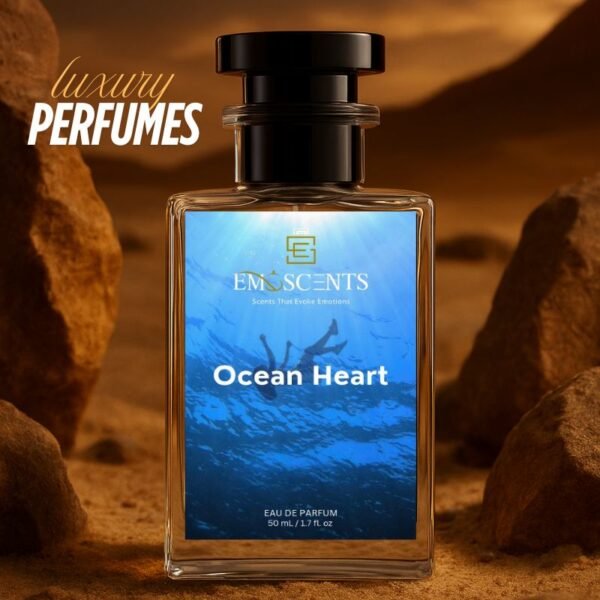 A perfume bottle of named Ocean Heart placed while the background represents rocks and mountains giving an urban desert vibe.