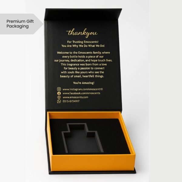 A black and golden color premium perfume box with a white background