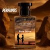 A perfume bottle of named pure drive placed while the background represents rocks and mountains giving an urban desert vibe.