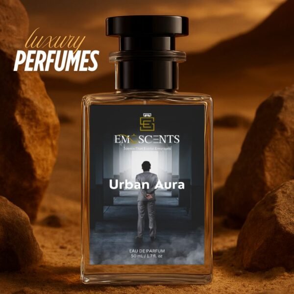A perfume bottle of named Urban Aura placed while the background represents rocks and mountains giving an urban desert vibe.
