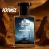 A perfume bottle of named white soul placed while the background represents rocks and mountains giving an urban desert vibe.