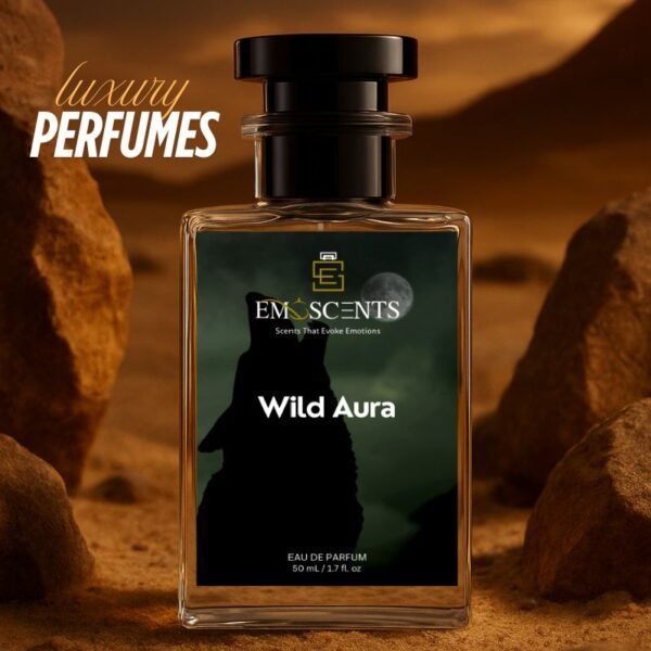 A perfume bottle of named wild aura placed while the background represents rocks and mountains giving an urban desert vibe.